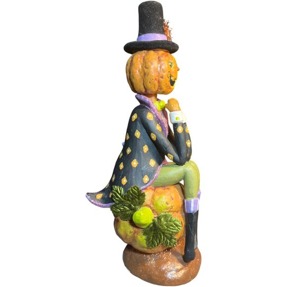 Folk Art Pumpkin Figurine Halloween Flocked Hat Whimsical Suit 12.5" tall x 6" d - Picture 6 of 16